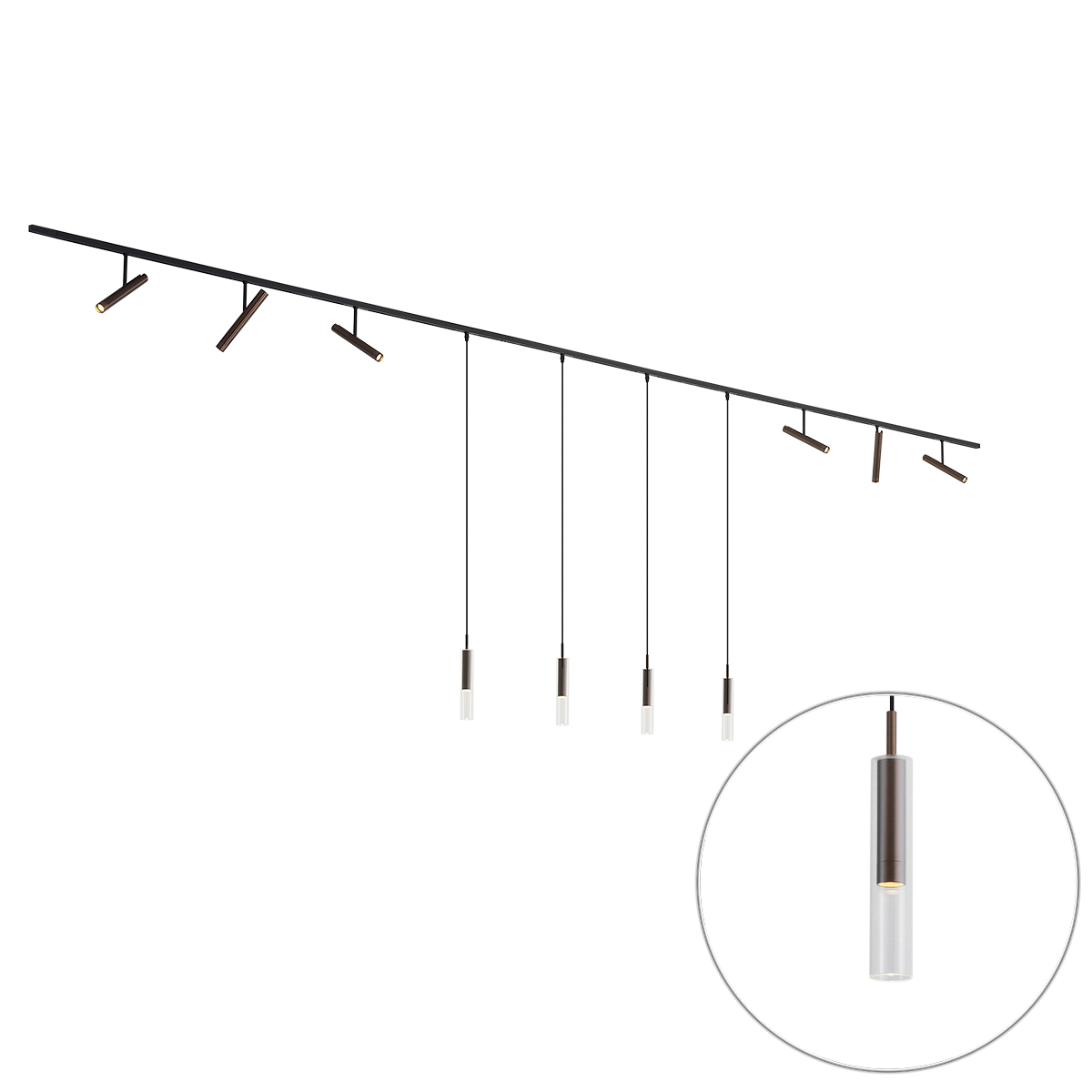 Moderný koľajnicový systém čierny so 6 bodovými svetlami a 4 závesnými svetlami tmavý bronz 1-fázový - Slimline Avery Loyce Moderný koľajnicový systém čierny so 6 bodovými svetlami a 4 závesnými svetlami tmavý bronz 1-fázový - Slimline Avery Loyce