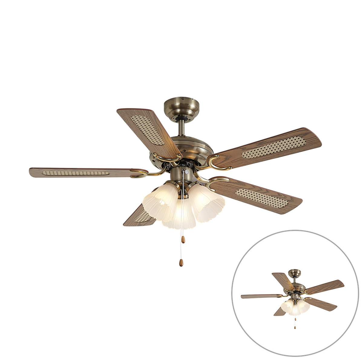 Mosadzný stropný ventilátor s drevenou potlačou a ratanom 108 cm s ťahovým spínačom - Mistral Lia Mosadzný stropný ventilátor s drevenou potlačou a ratanom 108 cm s ťahovým spínačom - Mistral Lia