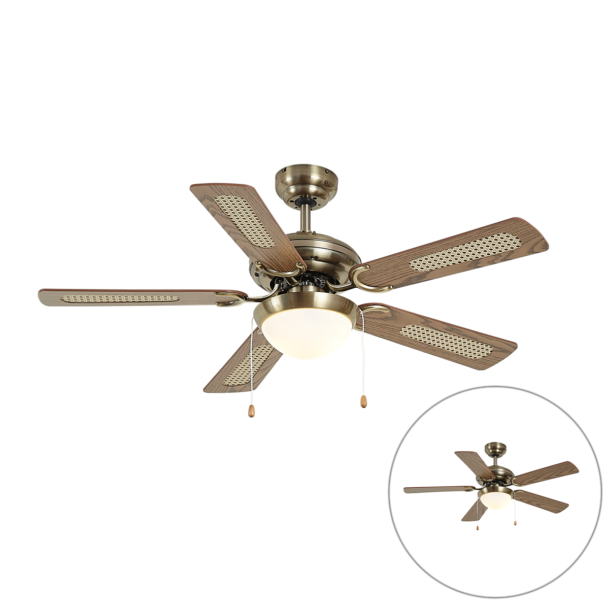 Mosadzný stropný ventilátor s drevenou potlačou a ratanom 108 cm s ťahovým spínačom - Mistral Majas Mosadzný stropný ventilátor s drevenou potlačou a ratanom 108 cm s ťahovým spínačom - Mistral Majas