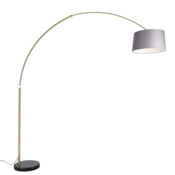 Oblúková lampa mosadz s mramorom a sivým látkovým tienidlom 45 cm - XXL