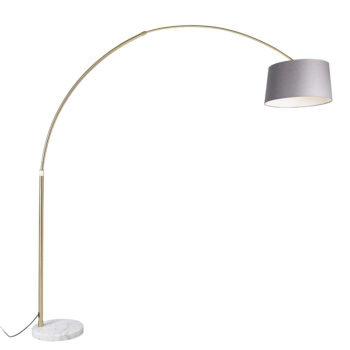 Oblúková lampa mosadzná s sivým mramorovým tienidlom z látky 45 cm - XXL