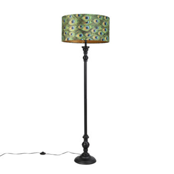 Stojaca lampa čierna s tienidlom z zamatu Peacock Gold 50 cm - Classico