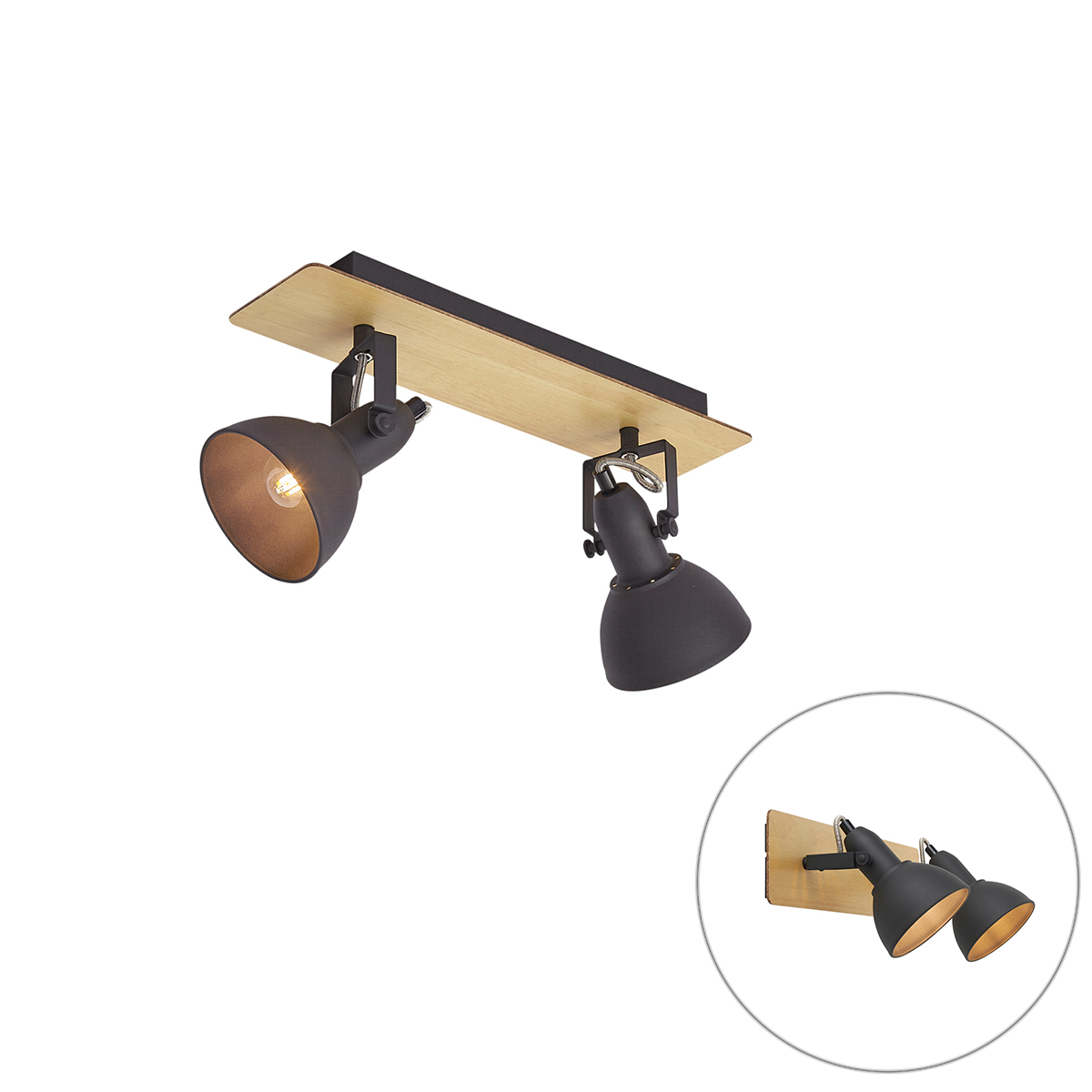 Stropný reflektor čierny s drevom 2-svetelný otočný a sklopný - Jakub Stropný reflektor čierny s drevom 2-svetelný otočný a sklopný - Jakub