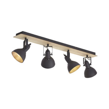 Stropný reflektor čierny s drevom 4-svetlá otočný a naklápací - Jakub