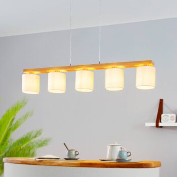 Castralvo závesná lampa, dĺžka 115 cm, drevo/biela, 5 svetiel, látka