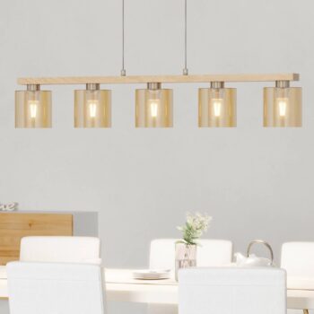 Castralvo závesná lampa, dĺžka 115 cm, drevo/jantár, 5 svetiel, sklo