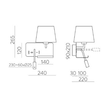 Držte nástenné svietidlo, pravé, biele/čierne, svetlo na čítanie, port USB