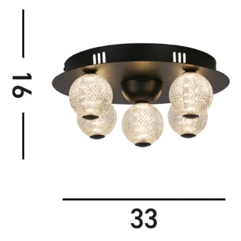 LED stropné svietidlo Asteroid, čierne Ø 33 cm oceľ/akryl 5 svetiel.
