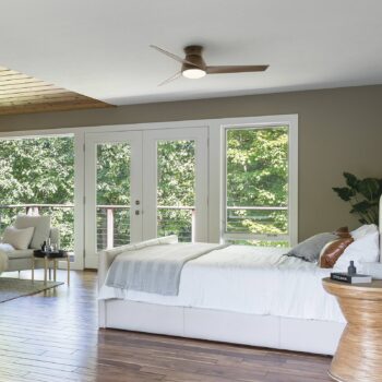 LED stropný ventilátor Eris, IP44, orech