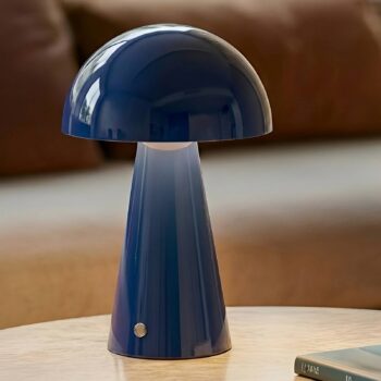 Lindby LED dobíjacia stolná lampa Nevijo, modrá, Ø20cm, USB, stmievač