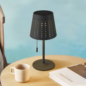 Lindby LED solárna stolová lampa Hilario, čierna, železo, dobíjacia batéria