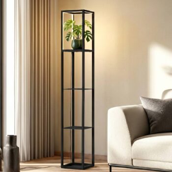 Lindby LED stojacia lampa Birta, polička, 155 cm, čierna, kov