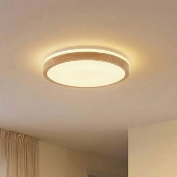 Lindby LED stropné svietidlo Emiva, Ø 49 cm, CCT, drevo