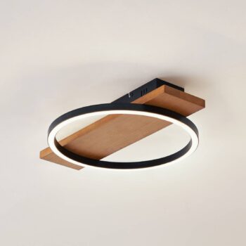 Lindby LED stropné svietidlo Galad, čierne, drevo, 30 cm, stmievateľné
