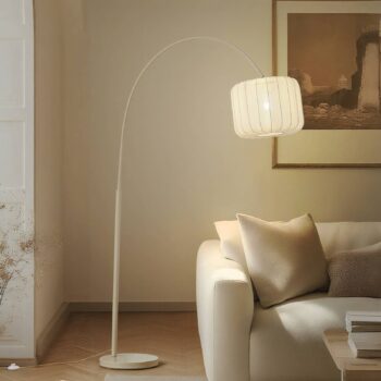 Lindby Oblúkové svietidlo Helin, béžové, textil, výška 198,5 cm