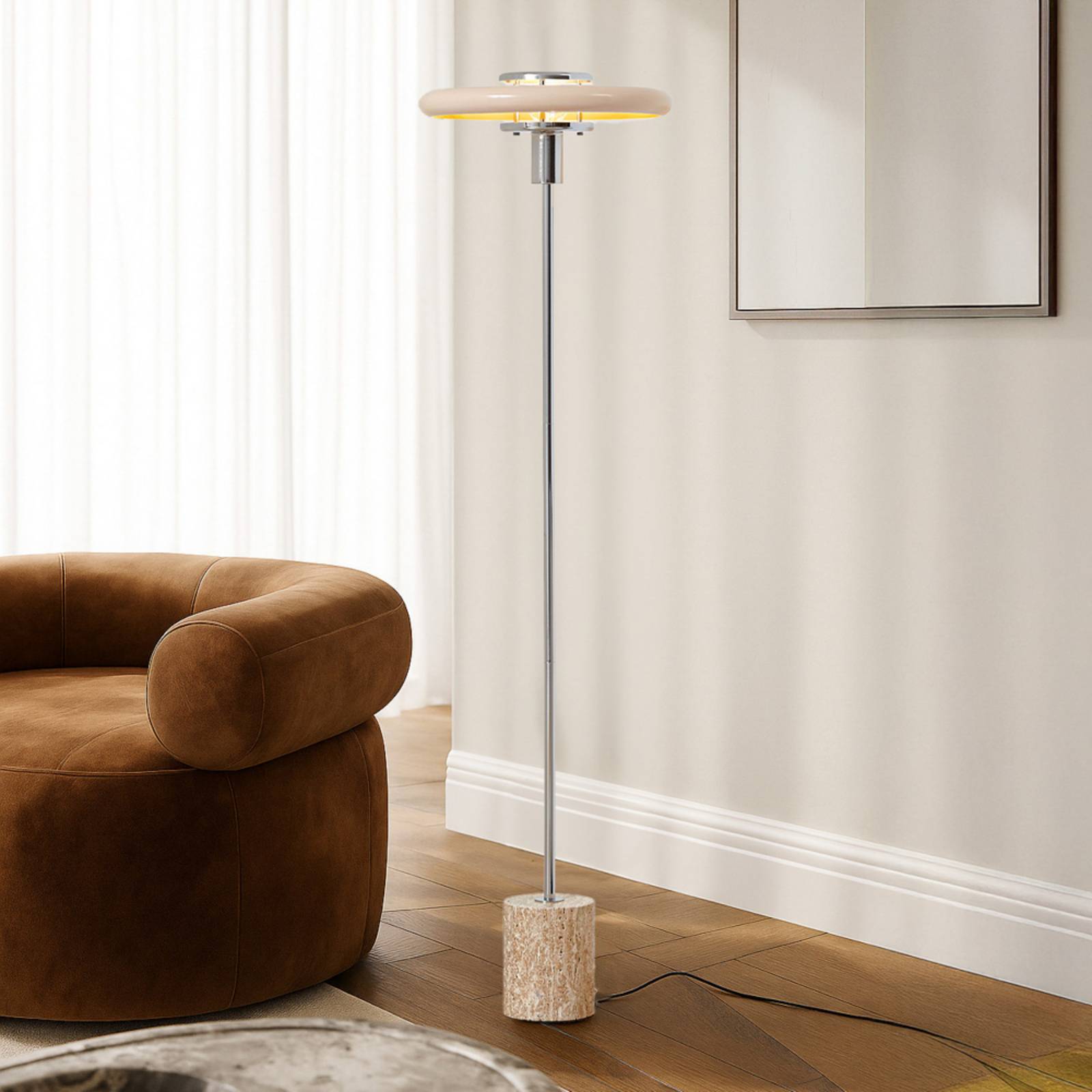 Lindby Stojaca lampa Branford, retro, béžová, kov/travertín Lindby Stojaca lampa Branford, retro, béžová, kov/travertín