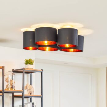 Lindby Stropné svietidlo Laurenz, 5-pl., čierne/zlaté, textilné