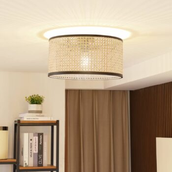 Lindby Stropné svietidlo Yaelle, Ø 40 cm, ratan, čierne, E27