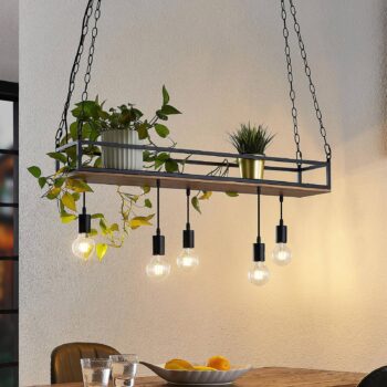 Lindby Závesné svietidlo Kirista, 5-pl., čierna/drevená, 100 cm, E27