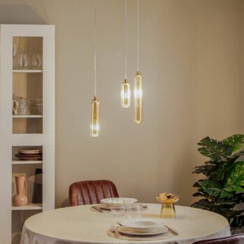 Lucande Freylin závesné svietidlo, 3 svetlá, jantárová farba, sklo, 38 cm