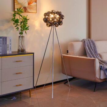 Lucande stojaca lampa Diborah, dymovo sivá, sklo, 150 cm, G9