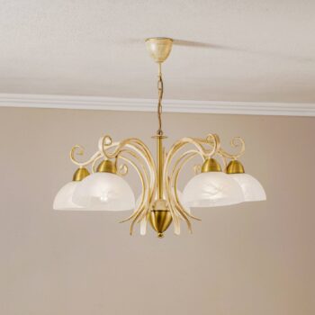 Luster Flora, päť sklenených tienidiel, biela/mosadz