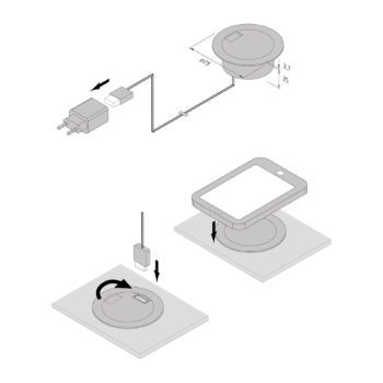 Nabíjacia zásuvka, okrúhla, čierna, Qi a 1 x USB