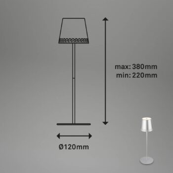 Nabíjateľná stolová lampa Kiki LED, matný chróm, IP44, 3 000 K