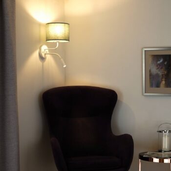 Nástenné svietidlo na kolieskach, tkanina, biela/žltozelená, svetlo na čítanie