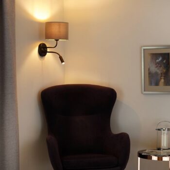 Nástenné svietidlo na kolieskach, zamatové, čierne/béžové, svetlo na čítanie