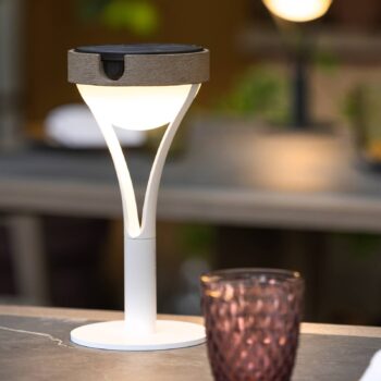 Solárna stolová lampa Tyble LED, biela / teak, 2 700 K, 200 lm