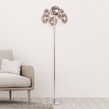 Stojacia lampa Explosion, 6-plameňová, chróm/dymovo sivá