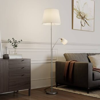 Stojacia lampa Lindby Nantwin, 175 cm, biela, nikel, textil