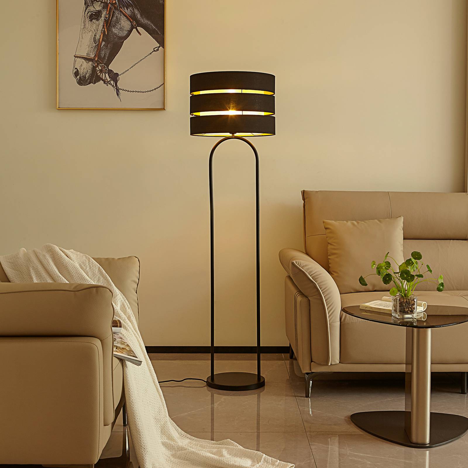 Stojacia lampa Lindby Tsomo, Ø 40 cm, čierna, látka, E27 Stojacia lampa Lindby Tsomo, Ø 40 cm, čierna, látka, E27