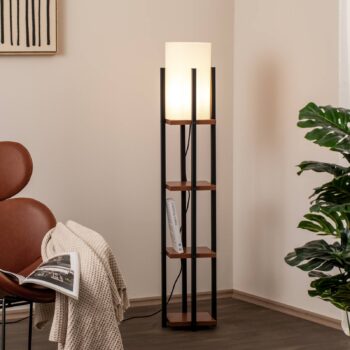 Stojacia lampa Shelf, čierna/meď, látka, výška 130 cm, E27