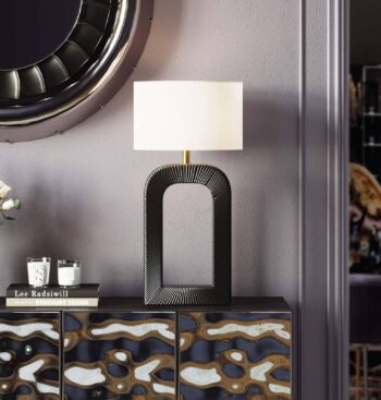 Stolná lampa KARE Tube, čierna/biela, ľanový textil, výška 79 cm