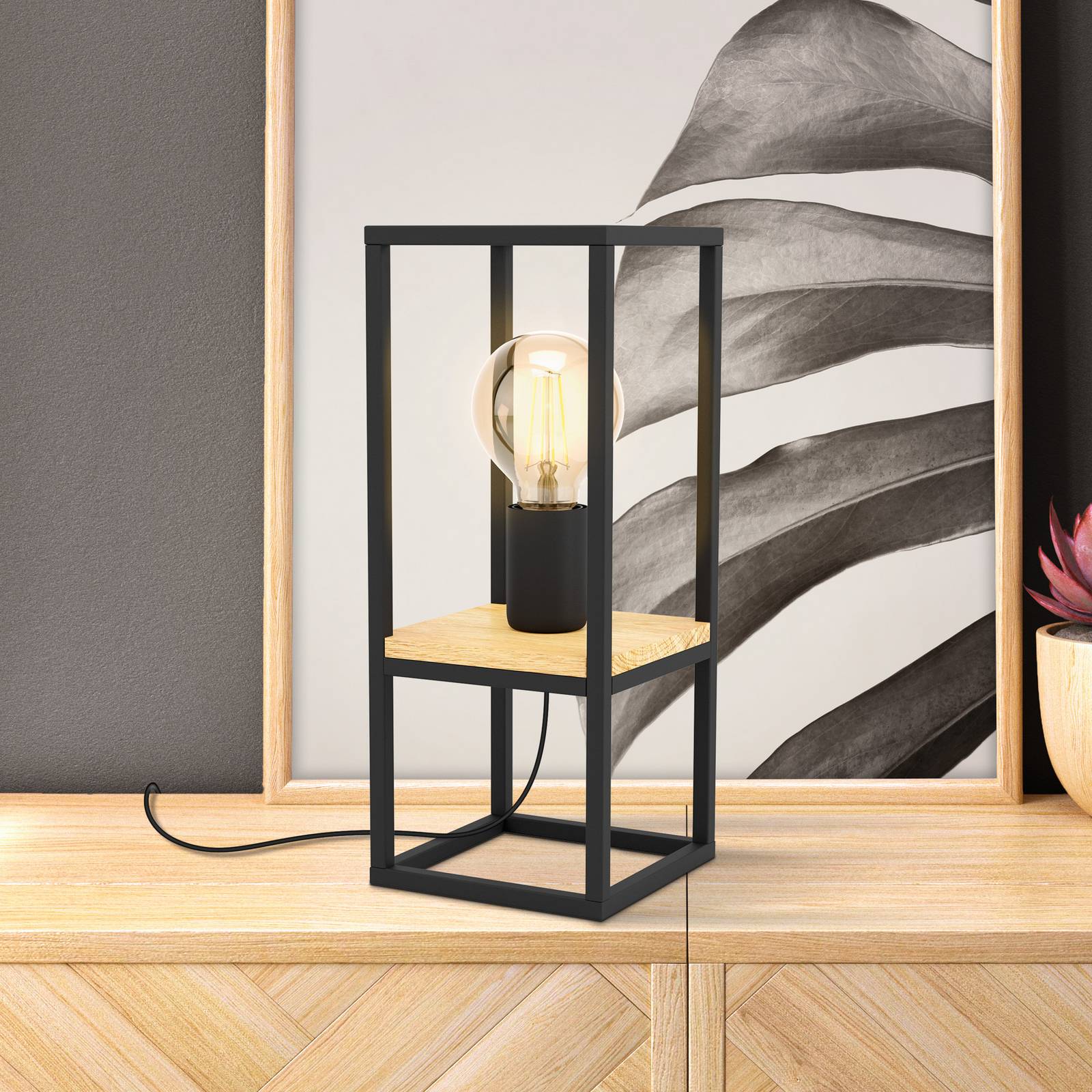 Stolná lampa Libertad, výška 35 cm, čierna/drevo, oceľ Stolná lampa Libertad, výška 35 cm, čierna/drevo, oceľ