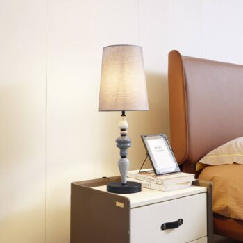 Stolná lampa Lindby Haldorin, sivá/čierna, textil, 62 cm