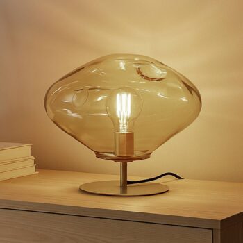 Stolná lampa Lindby Lelia, jantárová farba, sklo, kov, Ø 35 cm