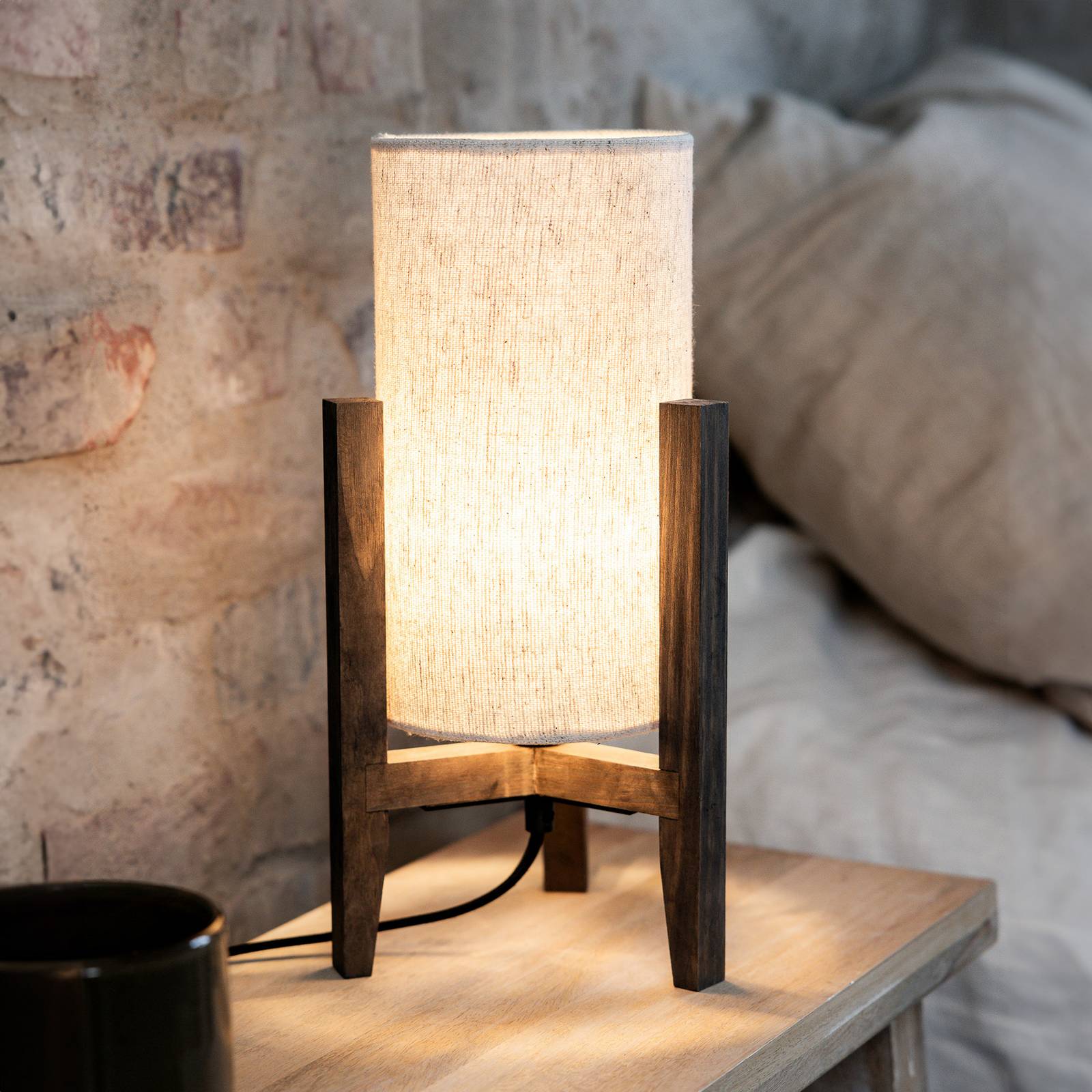 Stolová lampa Eruca, výška 34 cm, hnedá/béžová, drevo/ľan Stolová lampa Eruca, výška 34 cm, hnedá/béžová, drevo/ľan