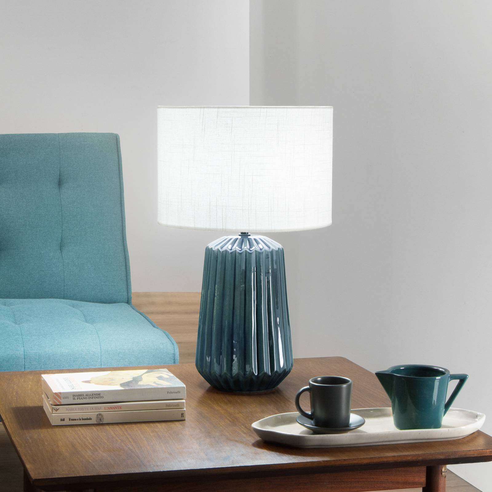 Stolová lampa Kiowa, výška 46 cm, modrá/biela, keramika/textil Stolová lampa Kiowa, výška 46 cm, modrá/biela, keramika/textil