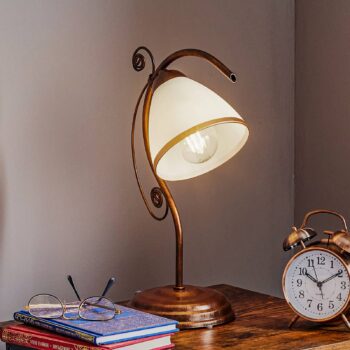 Stolová lampa Roma, kov, sklo, biela, hnedá, výška 39 cm