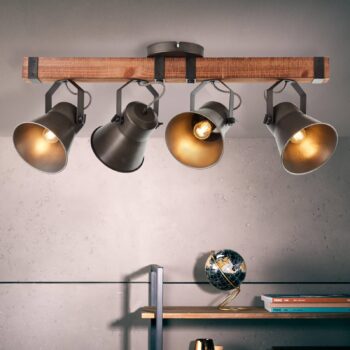 Stropné bodové svietidlo Decca, dĺžka 78 cm, čierna/drevo, 4 svetlá.