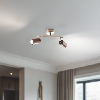 Stropné bodové svietidlo Legno, 2 svetlá, hnedá / mosadz, výška 23 cm,