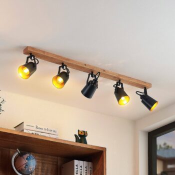 Stropné bodové svietidlo Lindby Kimban, 5 svetiel, 106 cm, drevo, kov