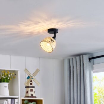 Stropné bodové svietidlo Lindby Youstin, Ø 12,5 cm, bambus, E14