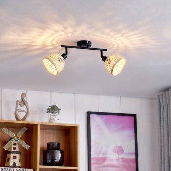 Stropné bodové svietidlo Lindby Youstin, dĺžka 30 cm, bambus, 2 svetlá, E14