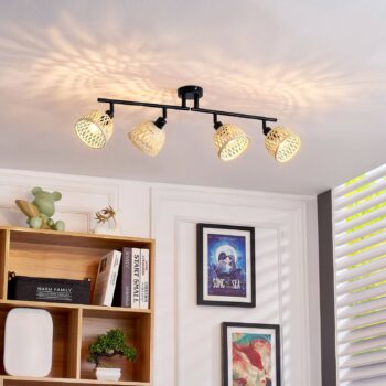 Stropné bodové svietidlo Lindby Youstin, dĺžka 70,5 cm, bambus, 4 svetlá,