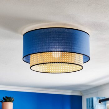 Stropné svetlo Boho ratan, textil, béžová/džínsová