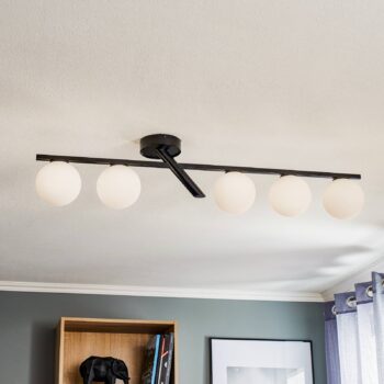 Stropné svietidlo Baleo, čierne/opálové, 5-plameňové